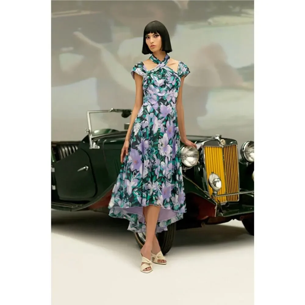 NWT Tadashi Shoji ARLENE CUTOUT HALTER FLORAL MIDI DRESS BUI22121MD Iris Size 12 - Picture 3 of 16